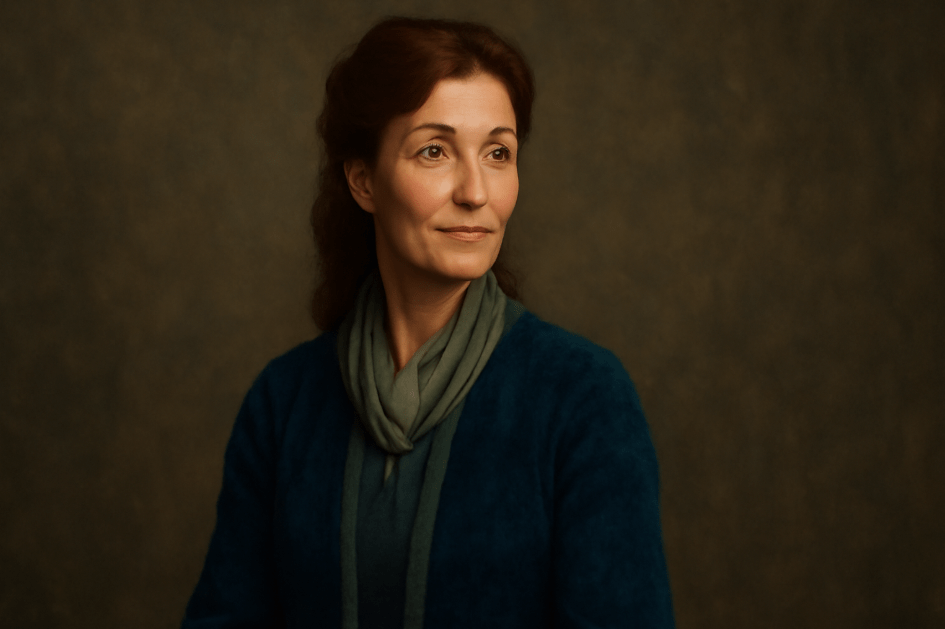 Catelyn Stark from Game of Thrones Season 1, wearing a noble deep blue and green gown, exuding dignity and strength, set against a muted brown background with soft lighting accentuating her composed expression."
