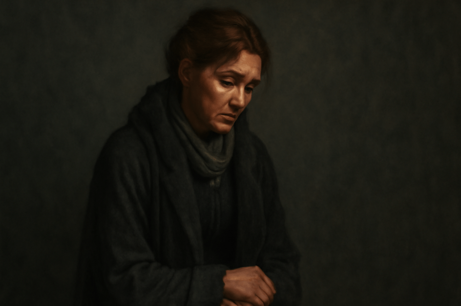 Catelyn Stark from Game of Thrones, dressed in somber gray and black mourning attire, her posture conveying sadness, and her face reflecting the emotional toll of her son's death.