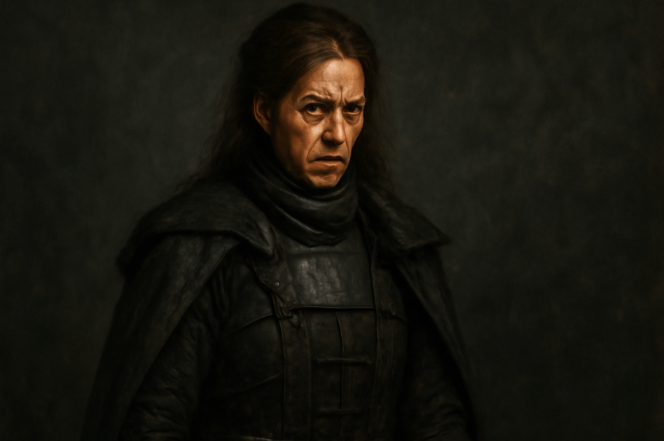 Lady Stoneheart from Game of Thrones, wearing grim and distressed armor-like clothing, her expression filled with intense determination and vengeance, embodying her transformation into a vengeful force."