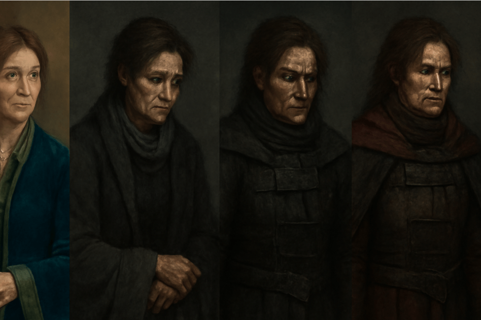Catelyn Stark's transformation through the seasons: from soft blues and greens representing her early character, to somber grays and blacks reflecting her grief, and finally to the dark reds of her Lady Stoneheart persona, showcasing her emotional and physical journey."