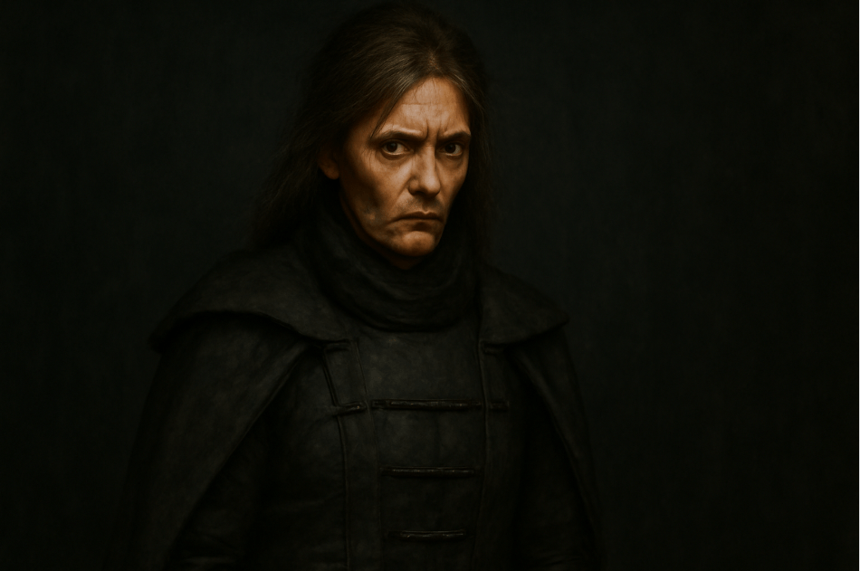 Lady Stoneheart from Game of Thrones, wearing a harsh, militaristic costume with armor-like details, her cold, intense gaze reflecting her transformation into a vengeful force, set against a dark, minimal background."