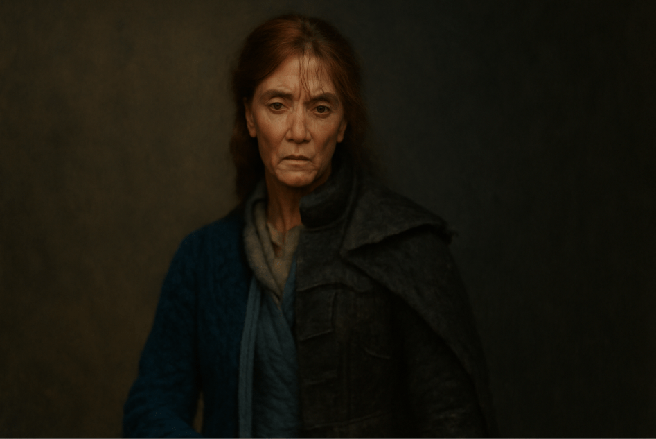 Catelyn Stark in a powerful pose, transitioning from regal attire in soft blues to a militaristic costume, her face reflecting the internal conflict between motherhood and vengeance."