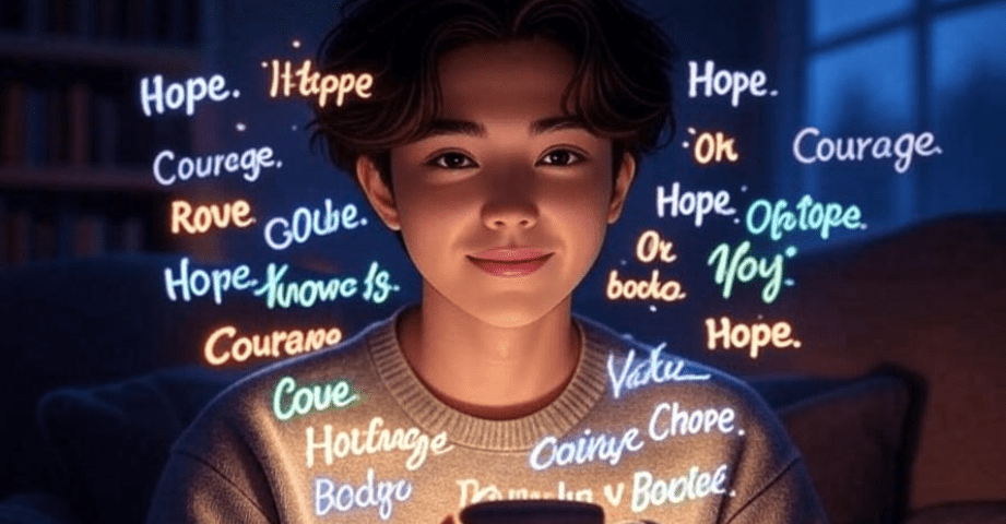 Artistic illustration of a person surrounded by glowing words and quotes floating in a 16:9 aspect ratio, symbolizing comfort and emotional support from fictional stories, featuring warm colors and a cozy atmosphere.