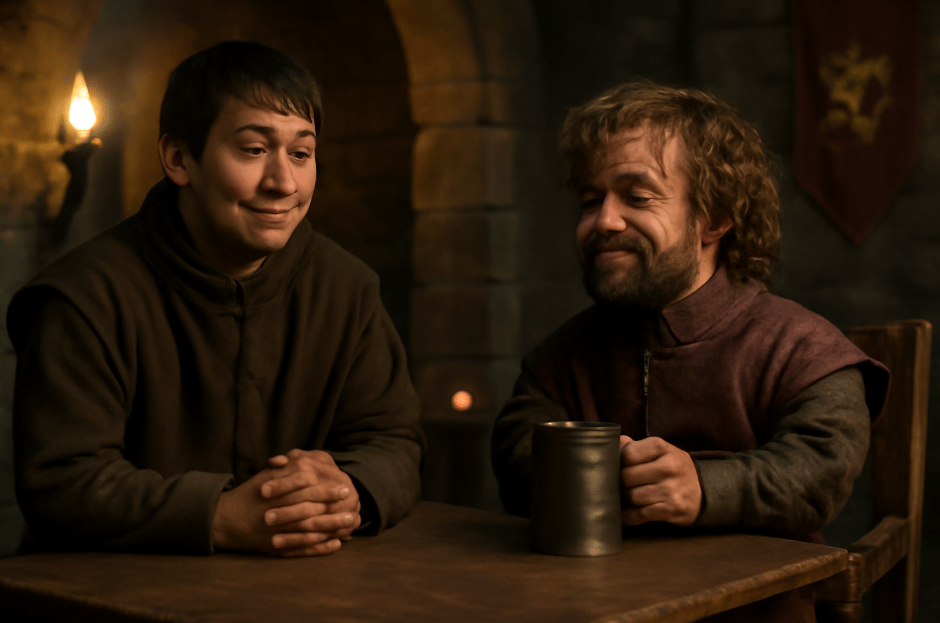 Podrick Payne and Tyrion Lannister sharing a light-hearted moment in the dungeon, enjoying a conversation over drinks in a scene from Game of Thrones.