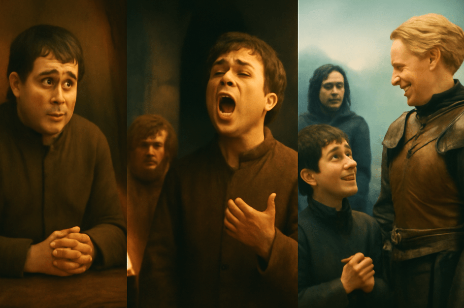 Collage of three iconic funny moments from Game of Thrones: Podrick Payne nervously seated in a brothel, awkwardly singing for Tyrion, and having a humorous interaction with Brienne of Tarth, all capturing his innocence and vulnerability in a medieval fantasy setting. 