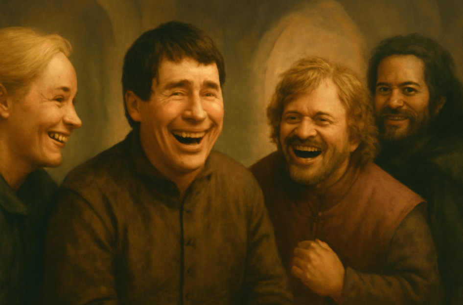 Podrick Payne laughing with companions in a medieval setting, surrounded by friends in a warm and lighthearted moment, capturing the camaraderie and humorous nature of his character from Game of Thrones.