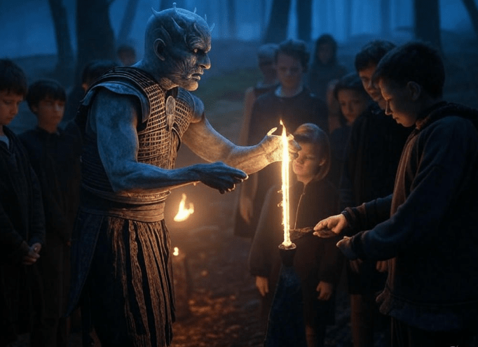 Blue figure lighting candles