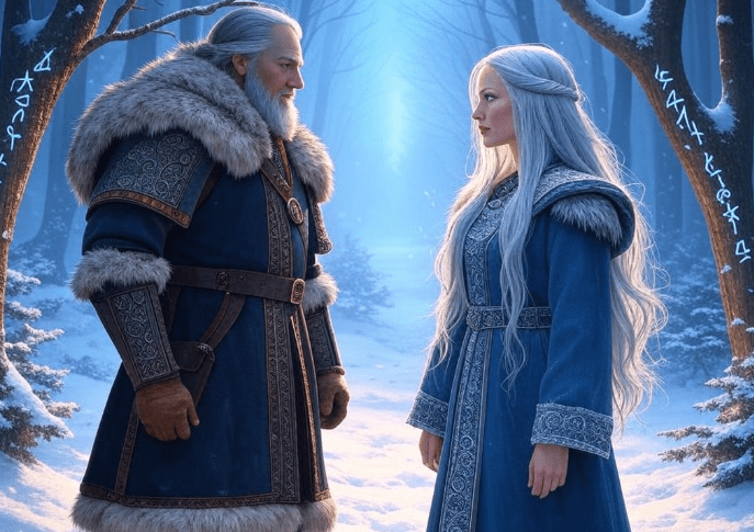 Wise elder snowy forest meeting