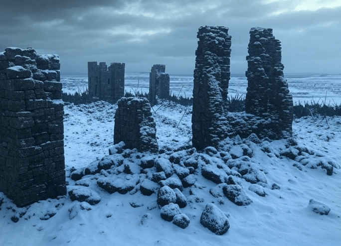 Snowy ruins under sky