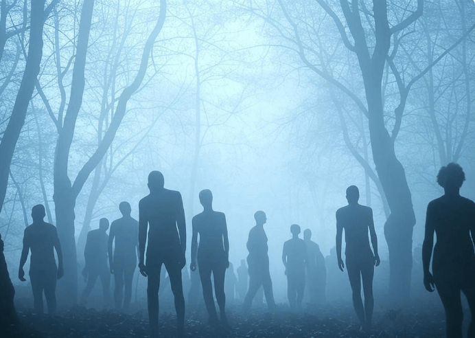 Silhouetted figures in fog