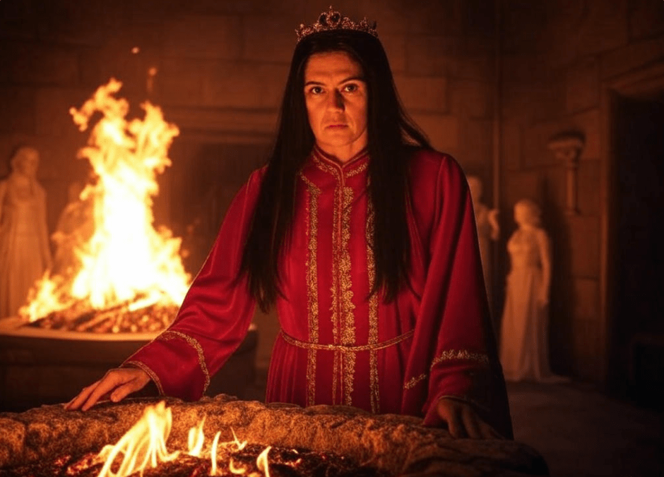 Royal figure near fire
