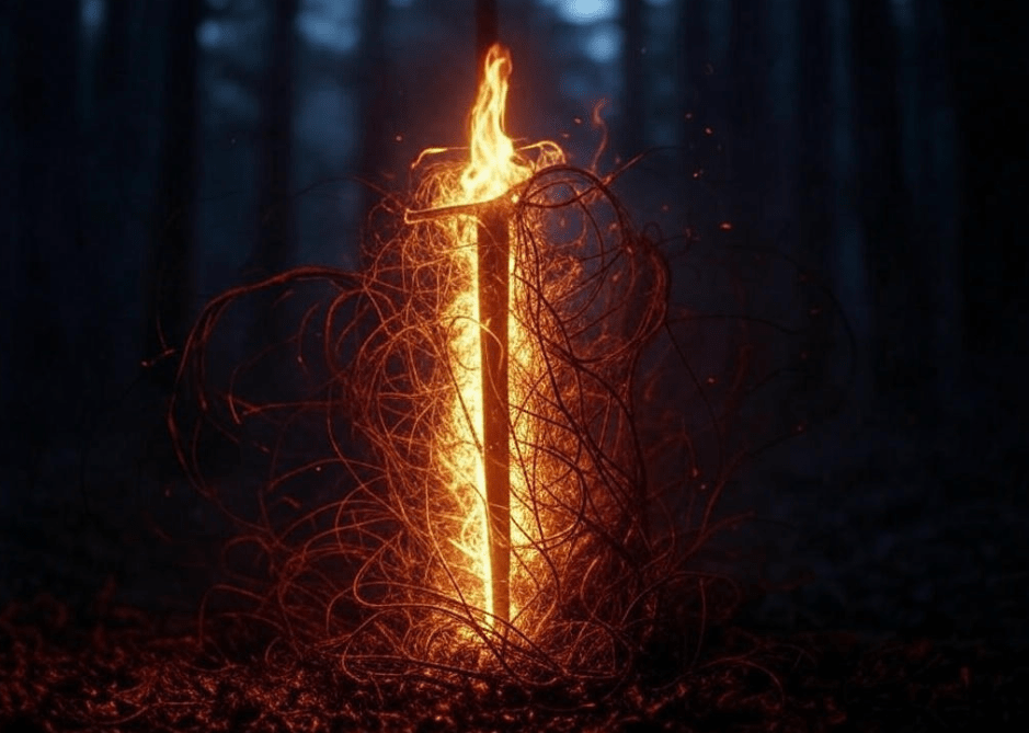 Flaming sword in forest