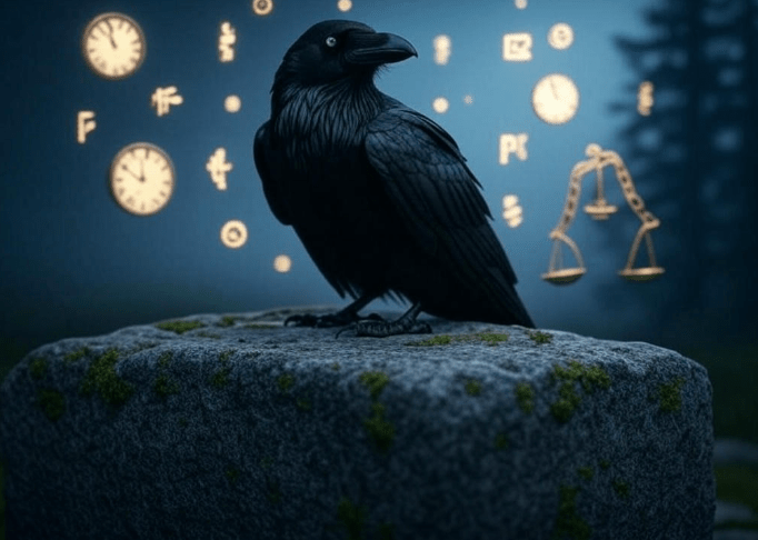 Mystical raven glowing symbols 