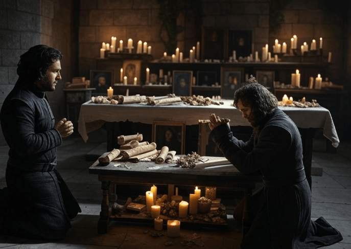 Candlelit prayer in crypt