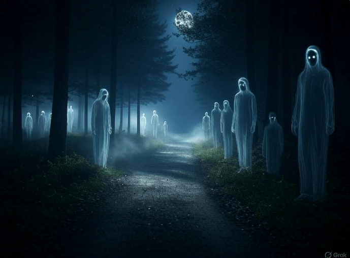 Ethereal figures in forest