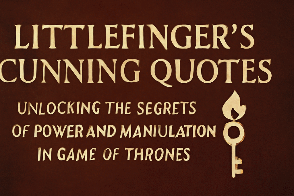 Littlefinger's Cunning Quotes: Unlocking the Secrets of Power and Manipulation in Game of Thrones, featuring a vintage parchment background with the title and key flame icon.