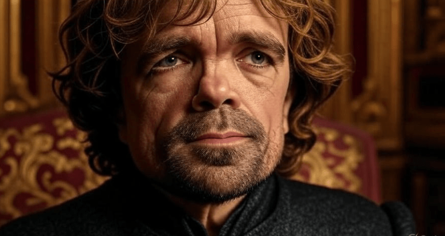 Dramatic portrait of Tyrion Lannister in dimly lit opulent Lannister chambers, speaking with intensity, gold and red background symbolizing wealth and power, exuding intelligence and confidence