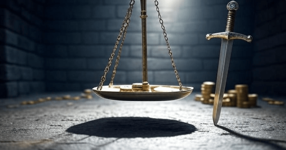 Dramatic image of a balance scale with gold coins on one side and a gleaming sword on the other, set against a dark moody backdrop, symbolizing the balance between money, power, and vengeance in Game of Thrones