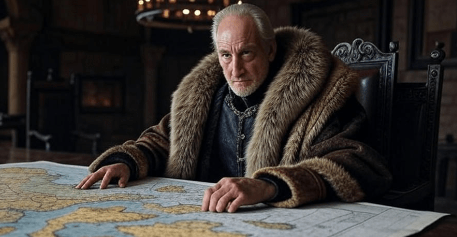 Tywin Lannister seated in a dark imposing war room, gazing intensely at a map of Westeros, with a stern and calculating face, embodying the ruthless control and power of 'A Lannister always pays his debts