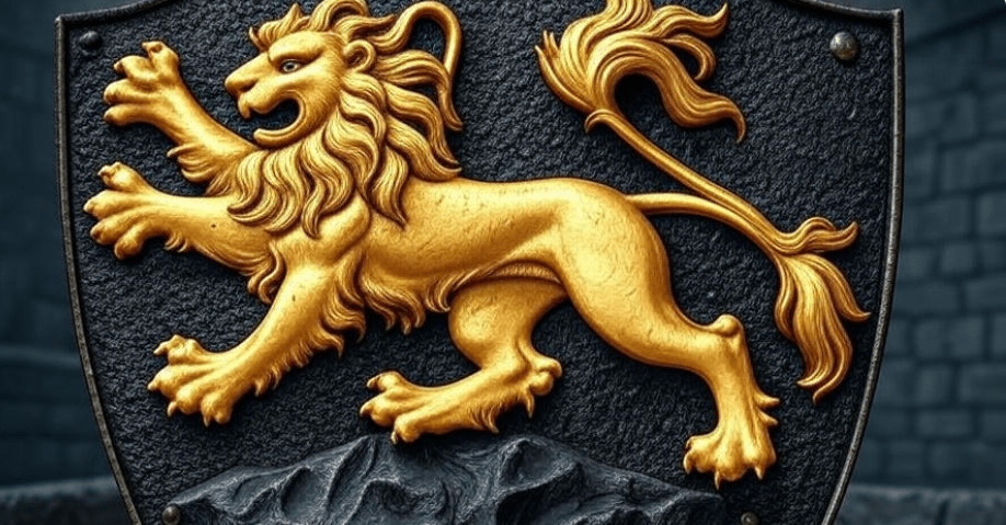 Close-up of the Lannister family crest featuring an intricately detailed golden lion on a dark textured background, symbolizing loyalty, power, and honor