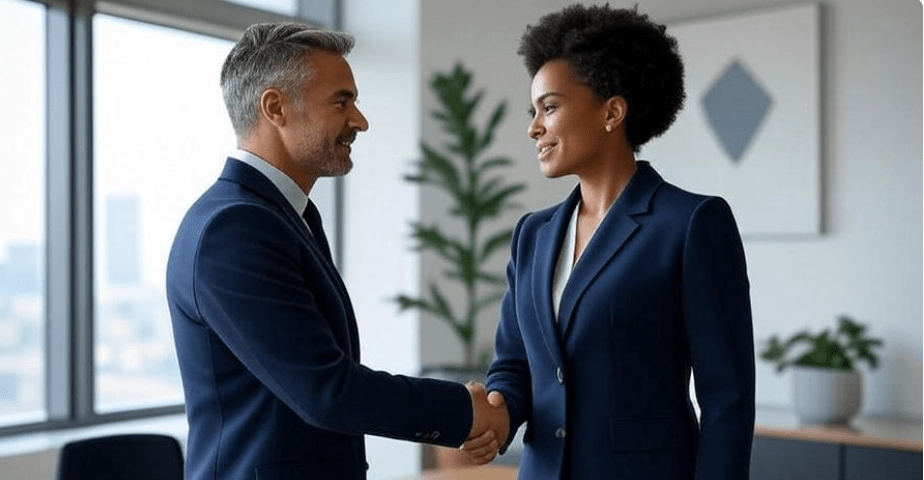 Professional handshake between two business leaders in a modern office setting, with a sleek professional backdrop, symbolizing trust, loyalty, and honoring commitments in real-life business relationships