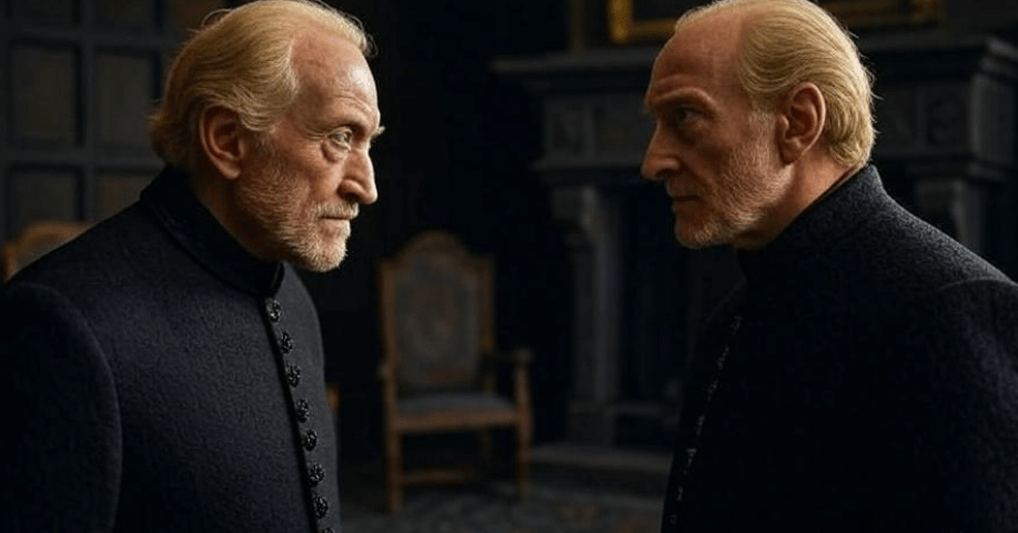 Tense family meeting between Tyrion and Tywin Lannister, standing face-to-face in a dark imposing room, dramatic and intense scene highlighting the weight of their words and the significance of 'A Lannister always pays his debts