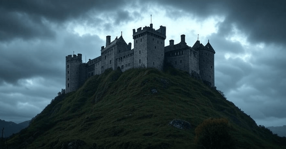 Foreboding image of a Lannister castle perched atop a hill, with dark storm clouds swirling overhead, symbolizing the family’s legacy, power, and unyielding determination to maintain control in Westeros