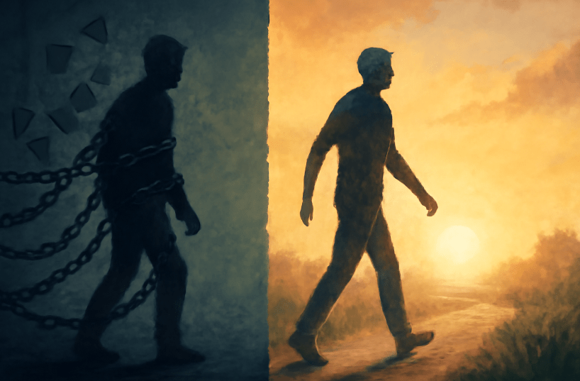 Split-scene concept art of a person breaking free from chains of memory on one side and walking toward a sunrise on the other, symbolizing emotional release, healing, and personal growth.