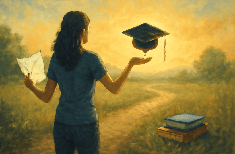 Inspirational concept art of a young woman holding a torn exam paper and a glowing graduation cap, standing on a winding path leading to a peaceful field with books, symbolizing resilience, academic growth, and second chances.
