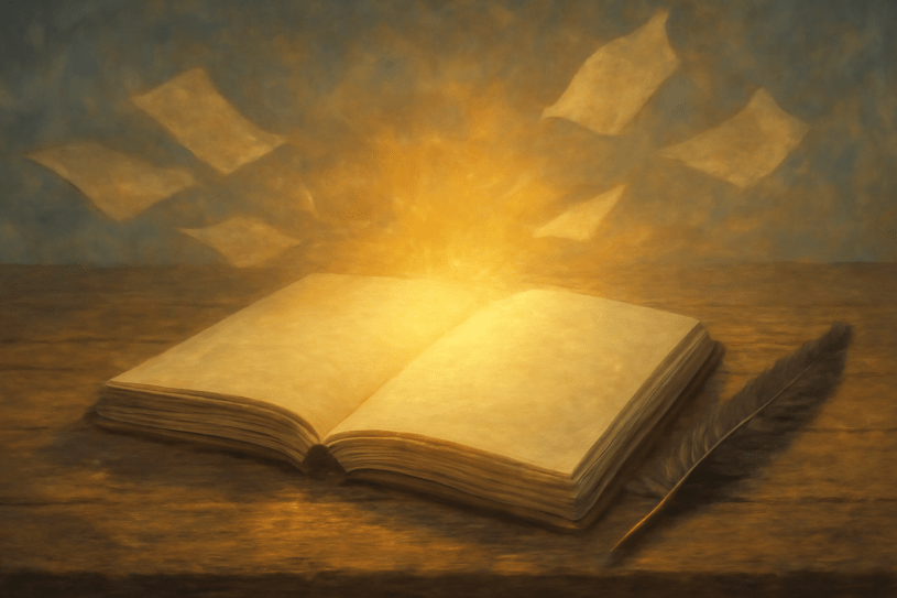Glowing open journal on a wooden desk with a feather quill and floating pages, symbolizing new beginnings, self-reflection, and the unwritten future.