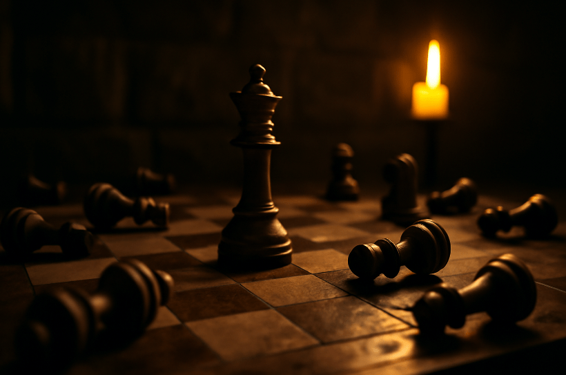 Chessboard illuminated by candlelight with a single queen piece standing upright and fallen pieces scattered around, symbolizing strategy and high-stakes decision-making.