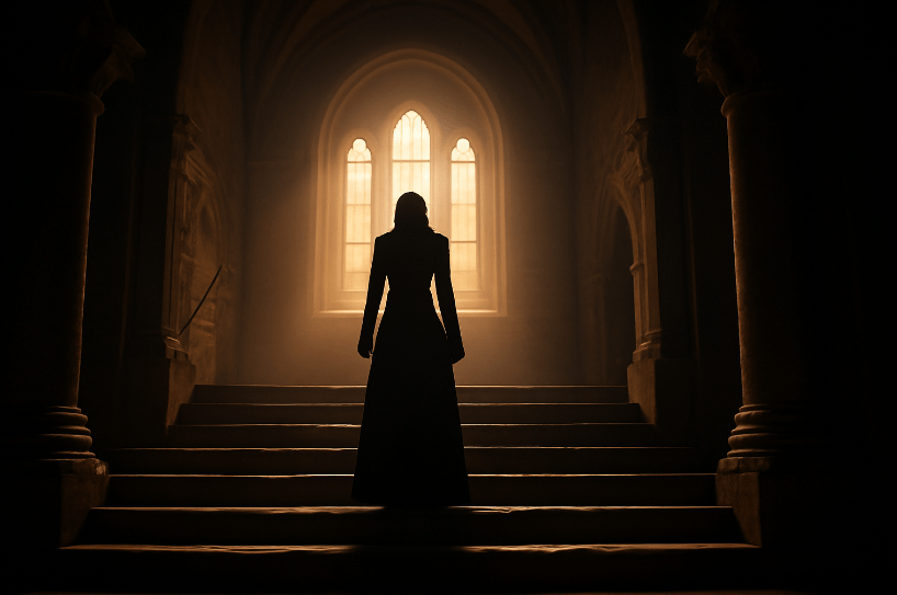 Backlit silhouette of a woman standing at the top of a stone staircase in a grand medieval hall, symbolizing power, clarity, and authority.