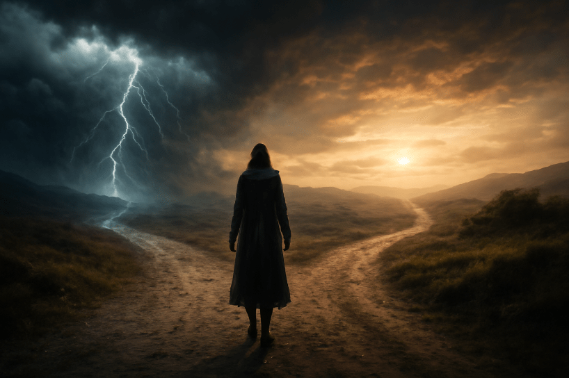 Lone figure standing at a fork in the road under a dramatic sky, choosing between a stormy, dangerous path and a calm, sunlit path—symbolizing strategic decision-making and risk.