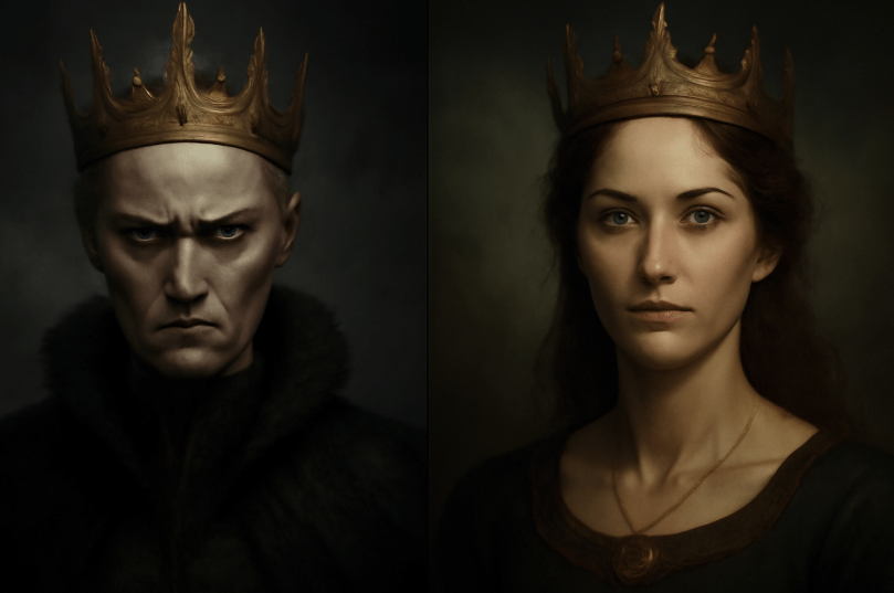 Split-screen portrait of two queens—one cold and harsh with a stern expression, the other calm and empathetic—symbolizing contrasting leadership styles in a medieval fantasy setting.