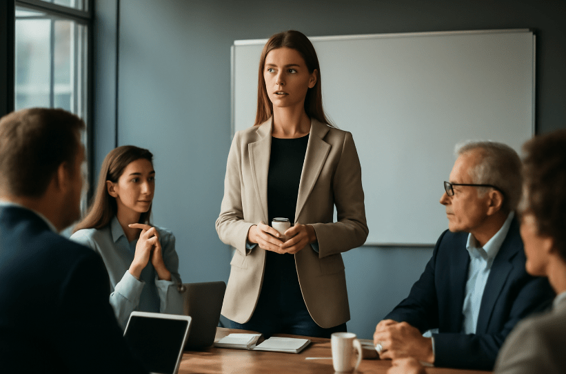 Confident woman leading a business meeting in a modern office, standing at the head of a table as team members listen attentively—symbolizing leadership and clarity.