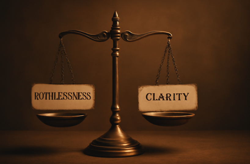 Medieval-style brass balance scale with labels “Ruthlessness” and “Clarity” on opposite sides, symbolizing the contrast between power and integrity in leadership.