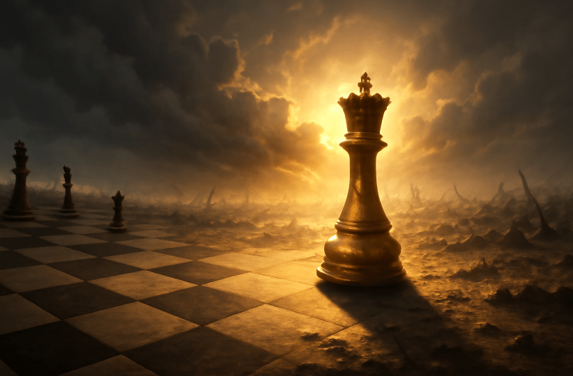 Golden chess queen stepping off a chessboard onto a battlefield under dramatic skies, with sunlight breaking through storm clouds—symbolizing bold leadership, strategic action, and transformation.