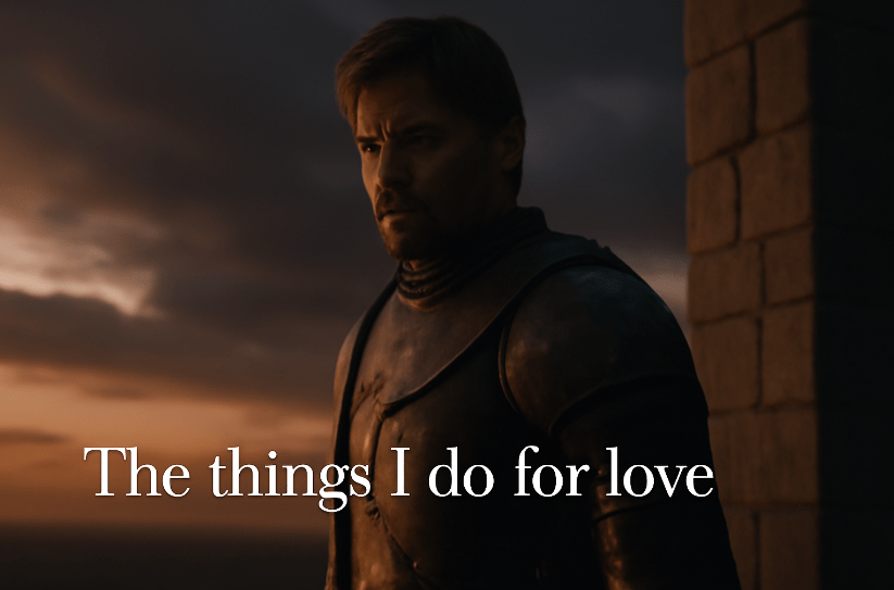 Medieval knight standing at the edge of a stone tower at dusk, wearing dark armor with a conflicted expression; dramatic sky in the background and the quote “The things I do for love” overlaid. 