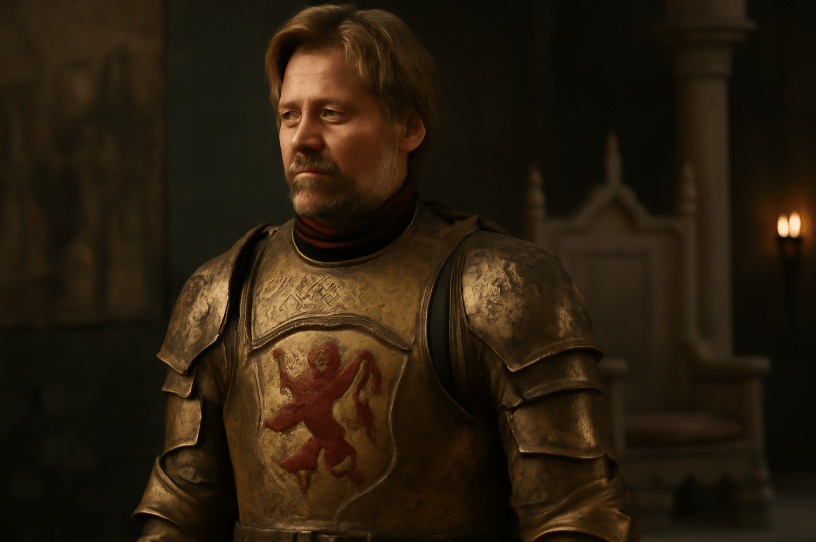 Regal medieval knight in weathered golden armor with a red lion sigil, standing in a stone throne room, looking proud yet distant. 