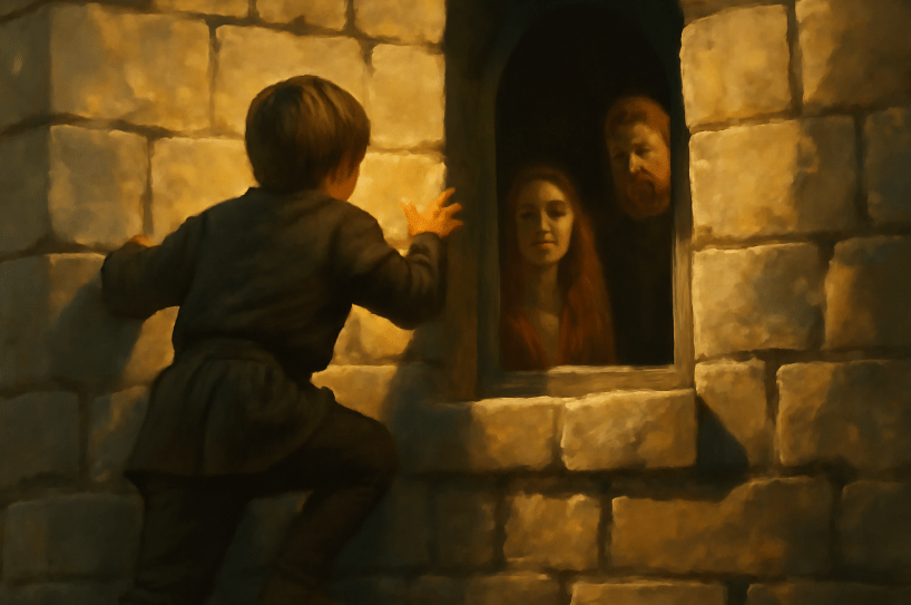 Young boy climbing a tall stone tower at sunset, peering through a narrow window where a man and woman react with shock inside. 