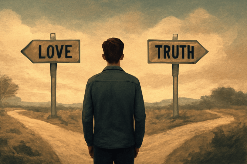 Person standing at a crossroads with signs pointing to “Love” and “Truth” under a muted sky, symbolizing emotional conflict and life choices. 