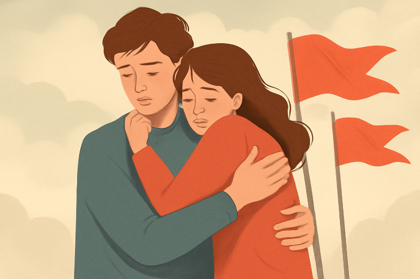 Illustration of a sad couple embracing, with one partner looking emotionally drained while red flags wave subtly in the background, symbolizing toxic relationship warning signs. 