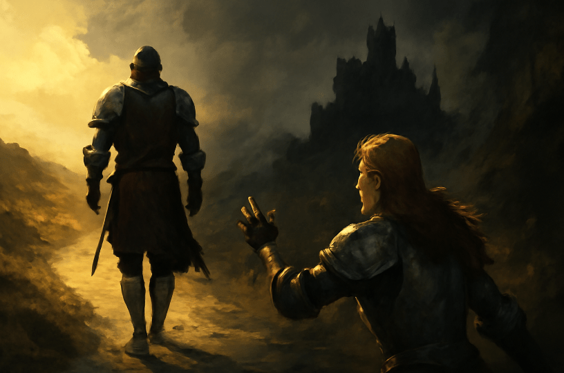 A medieval knight walking away from a sunlit path toward a dark, ominous castle, while a female warrior reaches out behind him in a tragic, emotional moment. 
