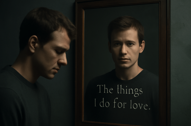 Man standing in a dim room, looking down, while his reflection in a mirror appears confident; the phrase “The things I do for love” is faintly written on the glass. 