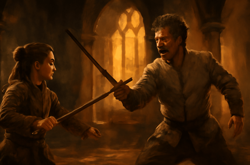 Arya Stark trains with Syrio Forel in a warmly lit hall, holding a wooden sword as Syrio smiles mid-motion during a swordplay lesson in Game of Thrones. 