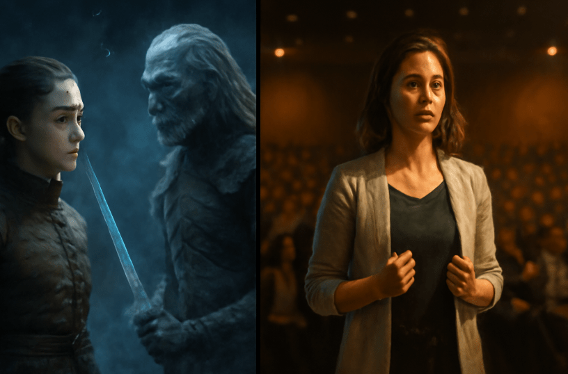 Split-screen image showing Arya Stark facing a White Walker with calm determination on the left, and a modern woman preparing to speak before a large audience on the right—symbolizing courage in both fantasy and real-life scenarios." 