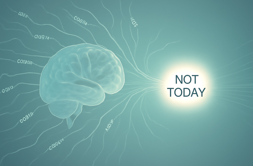 Digital illustration of a human brain with fear-based thoughts spiraling outward, interrupted by the glowing phrase 'Not Today'—symbolizing cognitive reframing and mental resilience." 