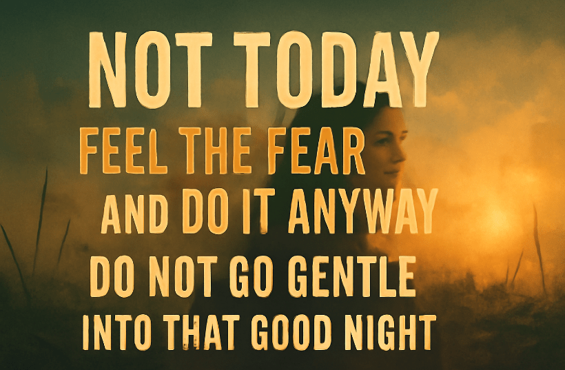 Digital painting of a lone silhouette standing on a cliff at sunrise, gazing over a vast horizon with the words 'Not Today' subtly written in the sky—symbolizing calm strength, resilience, and mindful presence.