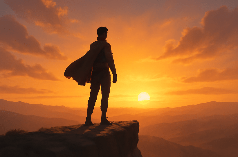 Silhouette of a lone character standing on a cliff at sunset, symbolizing inner strength, courage, and personal growth in a cinematic landscape. 