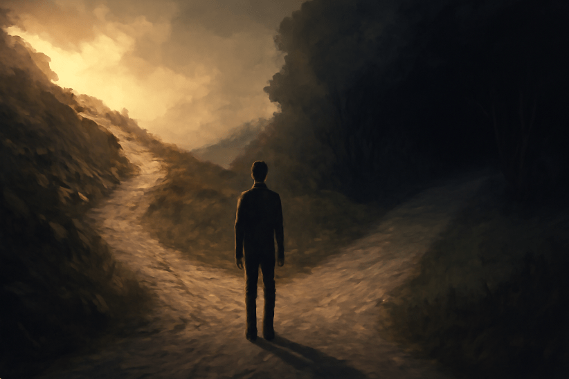 A lone figure stands at a fork in the road, facing two diverging paths—one rugged and sunlit, the other smooth and shadowed—symbolizing a choice between comfort and courage. 